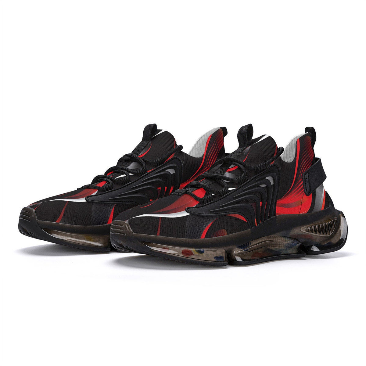 Red and Black Mens Air Cushion Sneakers, Breathable Mesh Running Sport Print Lace Up Trainers Designer Casual Gym Shoes Footwear