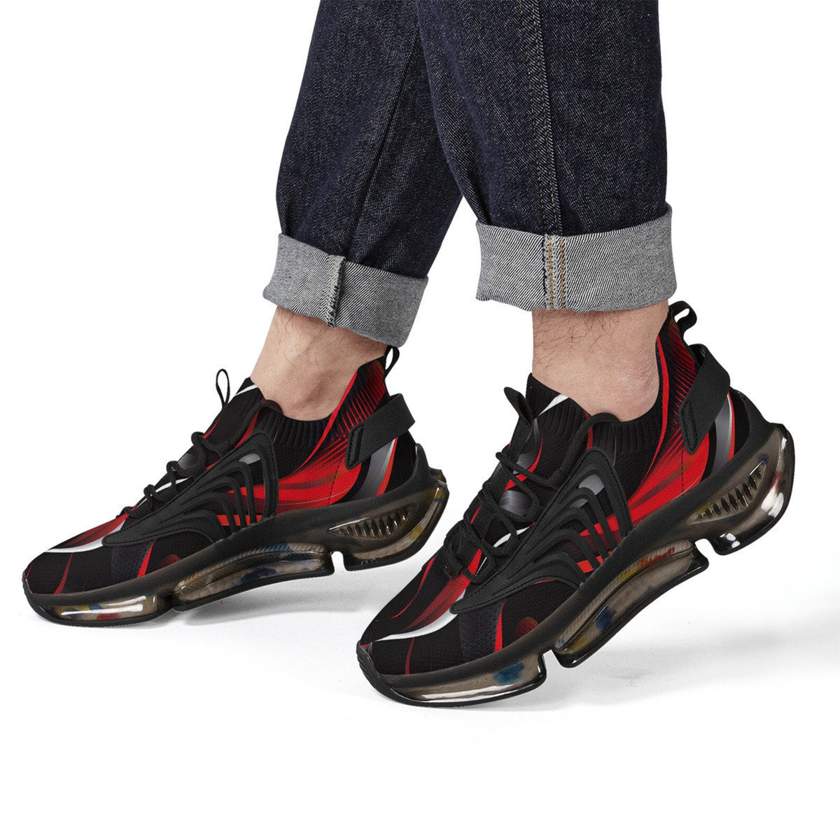 Red and Black Mens Air Cushion Sneakers, Breathable Mesh Running Sport Print Lace Up Trainers Designer Casual Gym Shoes Footwear