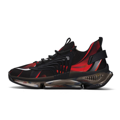Red and Black Mens Air Cushion Sneakers, Breathable Mesh Running Sport Print Lace Up Trainers Designer Casual Gym Shoes Footwear