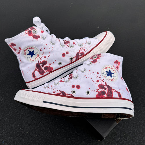 Blood Splatter White High Tops - Custom High Top Converse murder spooky scary horror half way to halloween costume knife fake blood splatter