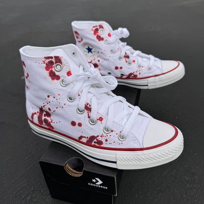 Blood Splatter White High Tops - Custom High Top Converse murder spooky scary horror half way to halloween costume knife fake blood splatter