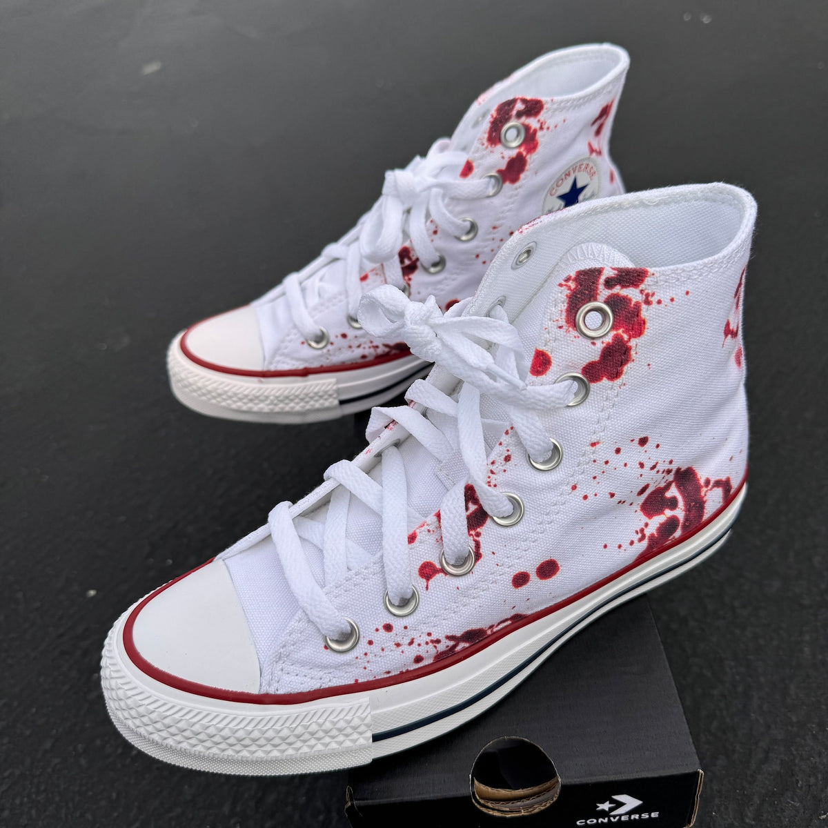 Blood Splatter White High Tops - Custom High Top Converse murder spooky scary horror half way to halloween costume knife fake blood splatter