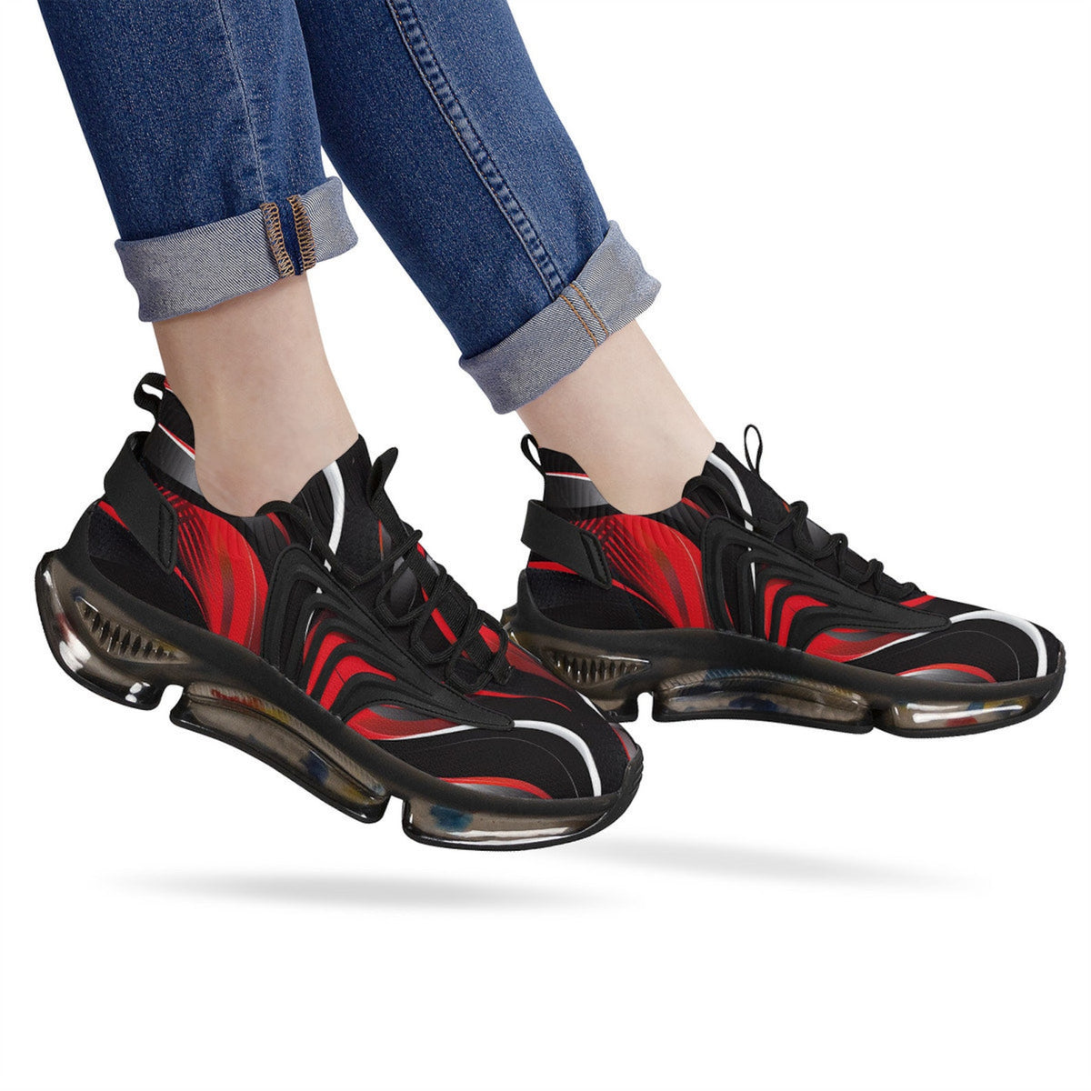 Red and Black Mens Air Cushion Sneakers, Breathable Mesh Running Sport Print Lace Up Trainers Designer Casual Gym Shoes Footwear