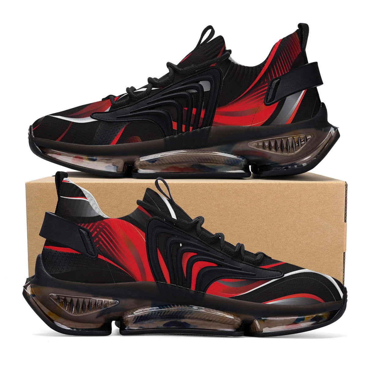 Red and Black Mens Air Cushion Sneakers, Breathable Mesh Running Sport Print Lace Up Trainers Designer Casual Gym Shoes Footwear