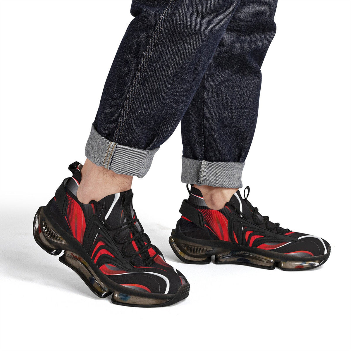 Red and Black Mens Air Cushion Sneakers, Breathable Mesh Running Sport Print Lace Up Trainers Designer Casual Gym Shoes Footwear