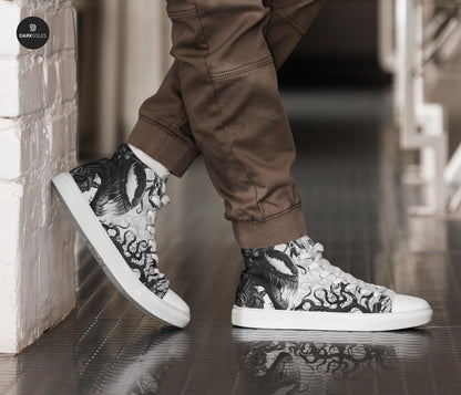 Men's Custom Symbiote High Top Sneakers | Black and White Alien Canvas Shoes | Anime Style Streetwear | Goth Edgy Men’s Footwear