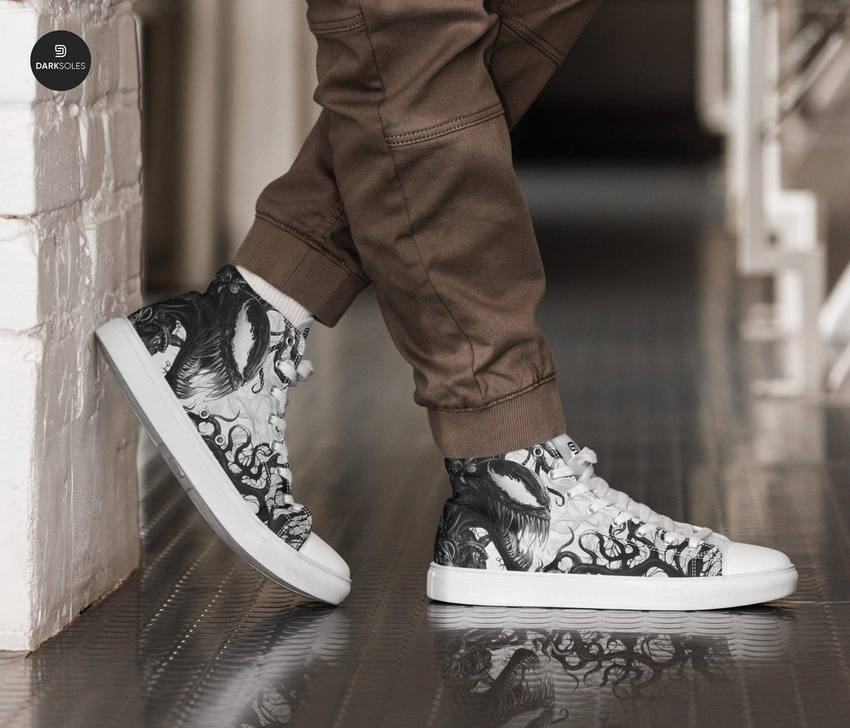 Men's Custom Symbiote High Top Sneakers | Black and White Alien Canvas Shoes | Anime Style Streetwear | Goth Edgy Men’s Footwear