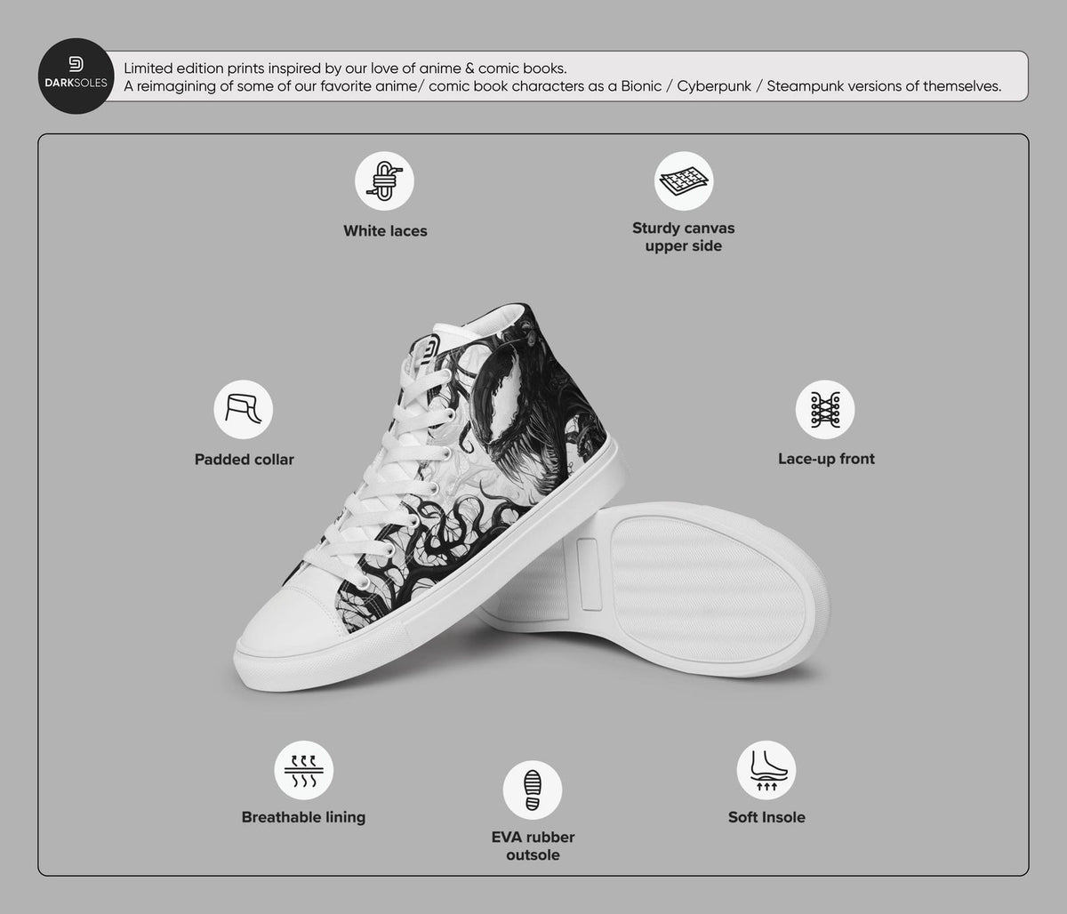 Men's Custom Symbiote High Top Sneakers | Black and White Alien Canvas Shoes | Anime Style Streetwear | Goth Edgy Men’s Footwear