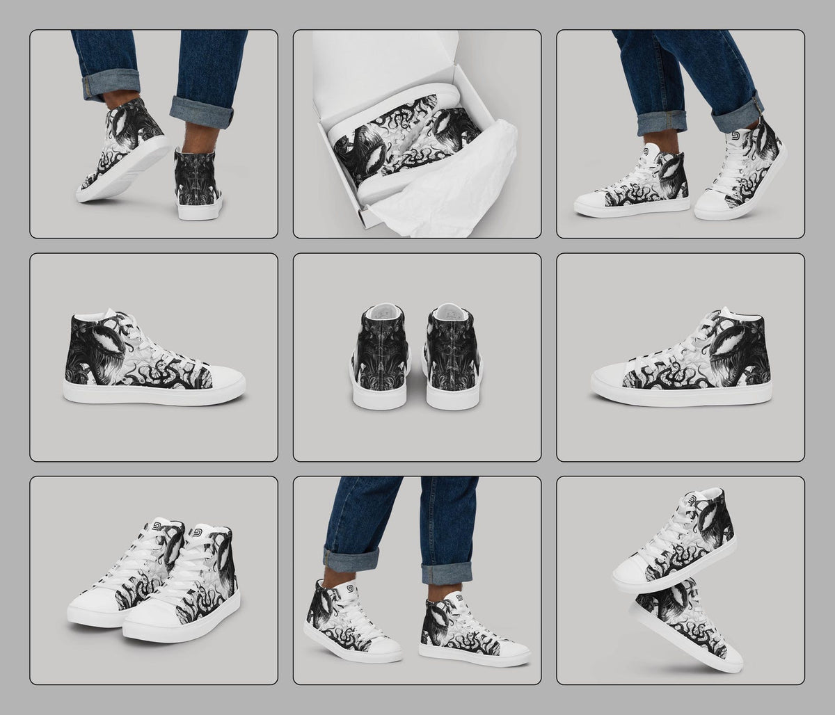 Men's Custom Symbiote High Top Sneakers | Black and White Alien Canvas Shoes | Anime Style Streetwear | Goth Edgy Men’s Footwear
