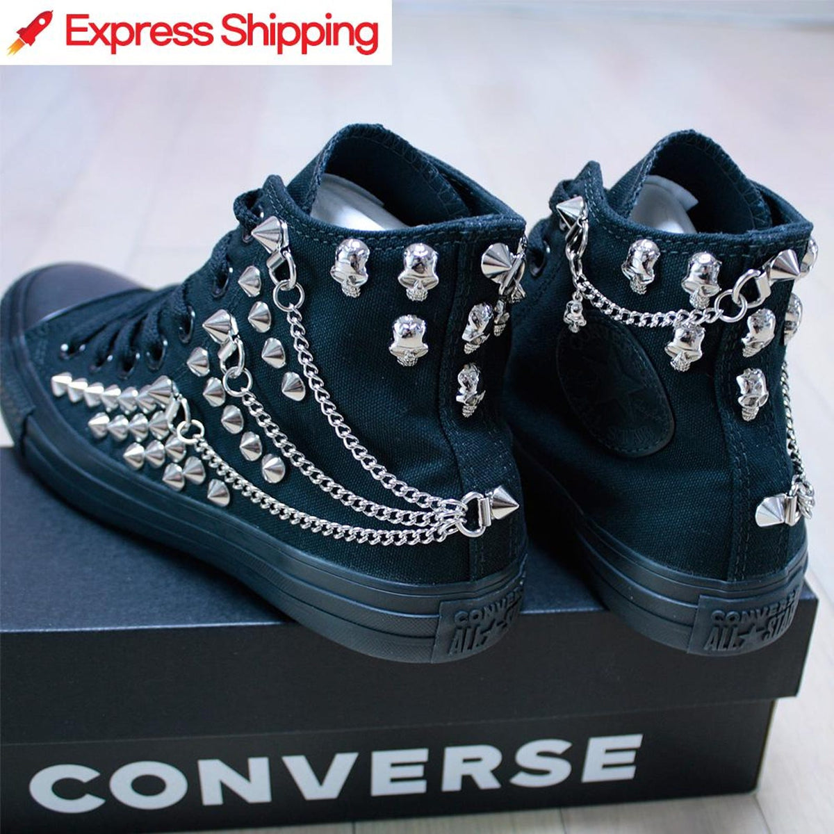 Studded CONVERSE Chucks Sneakers High Tops Monocrome-Black with Chains & Skulls Shoes Goth Metallica Spike Punk Rock