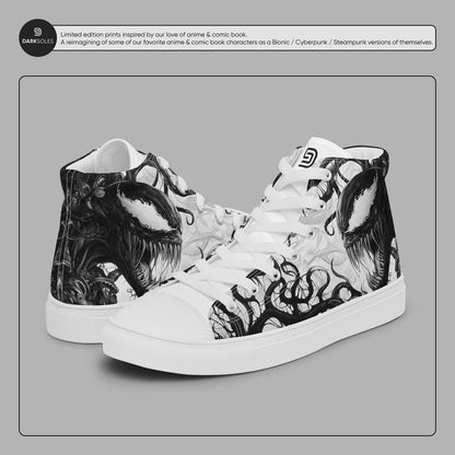 Men's Custom Symbiote High Top Sneakers | Black and White Alien Canvas Shoes | Anime Style Streetwear | Goth Edgy Men’s Footwear