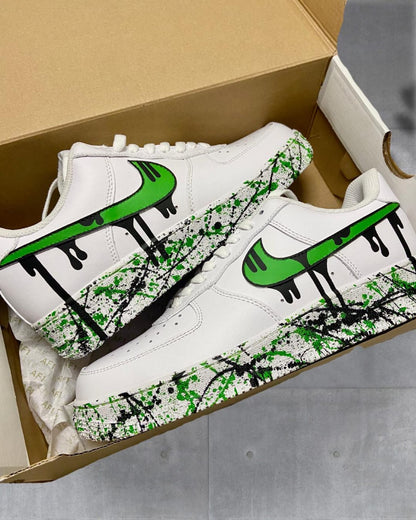 Custom Green Drippy Sneakers | Hand-Painted Drip Design Shoes | Personalized Green Drip Nikes | Custom Splatter Sneakers