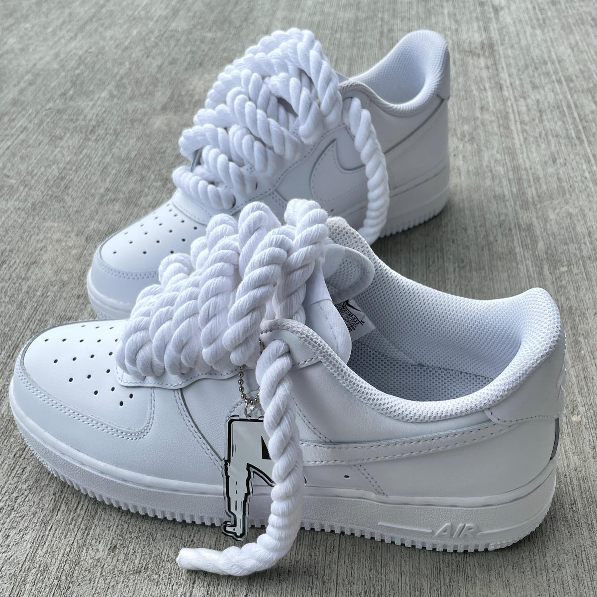 Custom Air Force 1 Sneakers: White with Chunky Rope Laces & Hangtag
