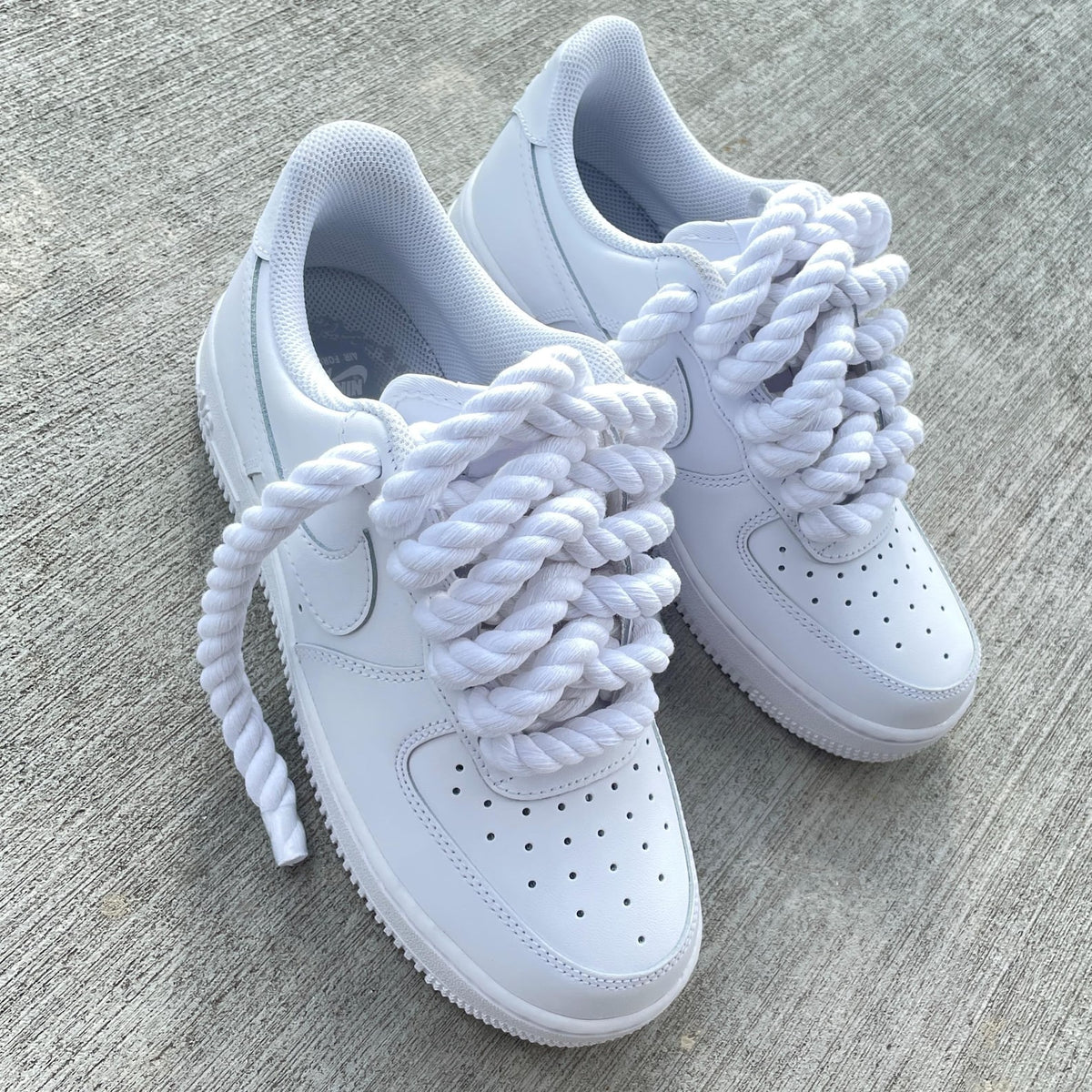 Custom Air Force 1 Sneakers: White with Chunky Rope Laces & Hangtag