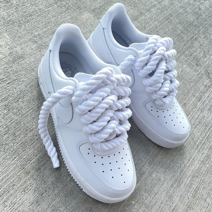 Custom Air Force 1 Sneakers: White with Chunky Rope Laces & Hangtag