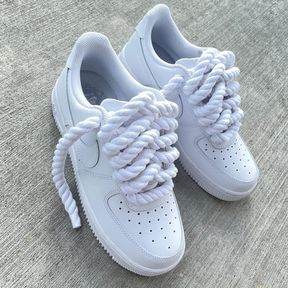 Custom Air Force 1 Sneakers: White with Chunky Rope Laces & Hangtag