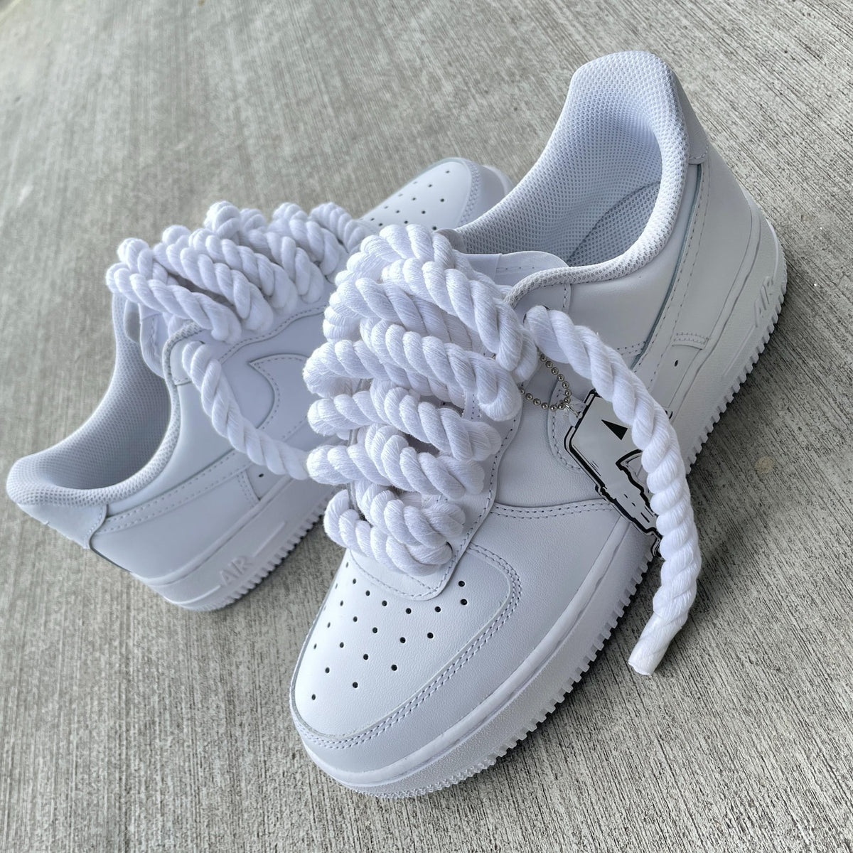 Custom Air Force 1 Sneakers: White with Chunky Rope Laces & Hangtag