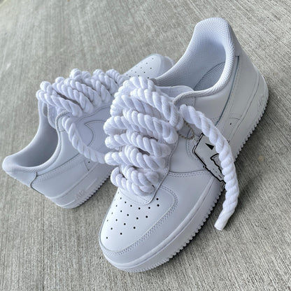 Custom Air Force 1 Sneakers: White with Chunky Rope Laces & Hangtag