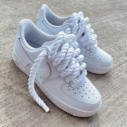 Custom Air Force 1 Sneakers: White with Chunky Rope Laces & Hangtag