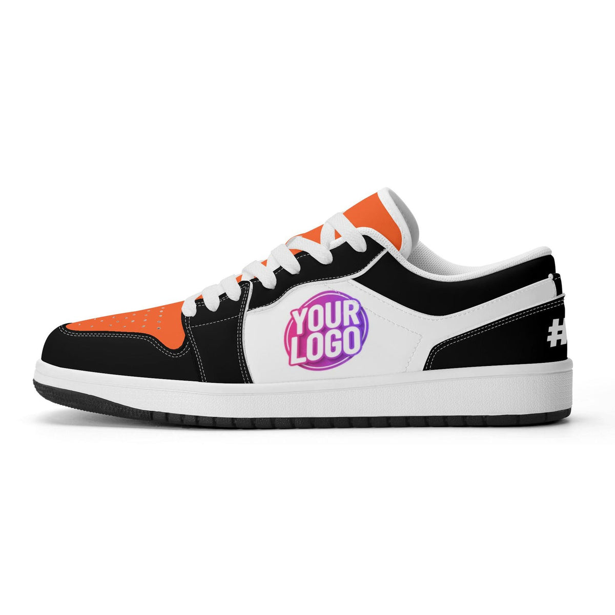Custom Logo Sneakers | Personalized Low-Top Shoes in Orange & Black | Business Branding and Sports Fan Gift