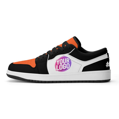 Custom Logo Sneakers | Personalized Low-Top Shoes in Orange & Black | Business Branding and Sports Fan Gift