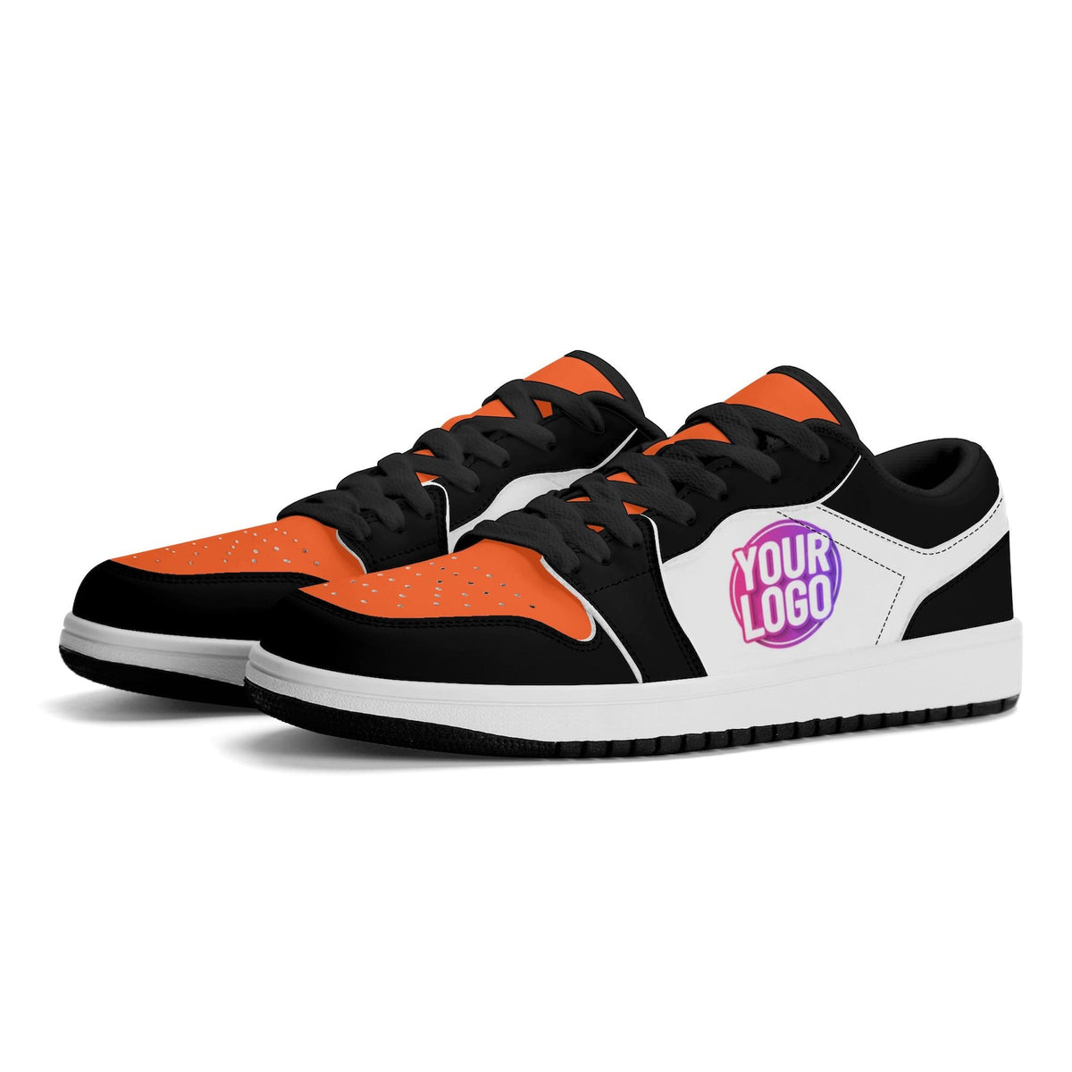 Custom Logo Sneakers | Personalized Low-Top Shoes in Orange & Black | Business Branding and Sports Fan Gift