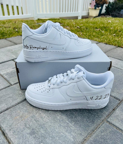 Youth Wedding Sneakers: Personalized white irridescent Rhinestone and white Pearl Air Force 1