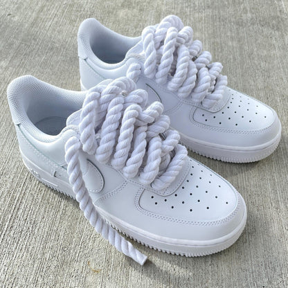 Custom Air Force 1 Sneakers: White with Chunky Rope Laces & Hangtag