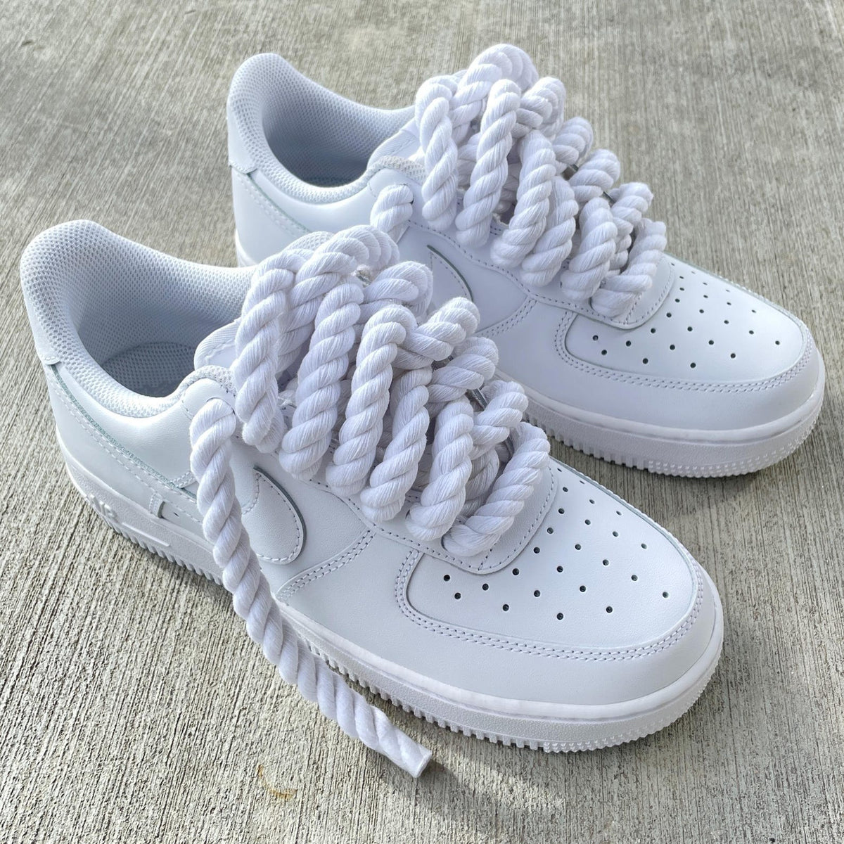 Custom Air Force 1 Sneakers: White with Chunky Rope Laces & Hangtag
