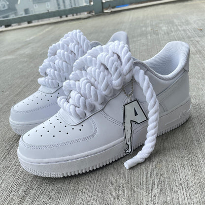 Custom Air Force 1 Sneakers: White with Chunky Rope Laces & Hangtag