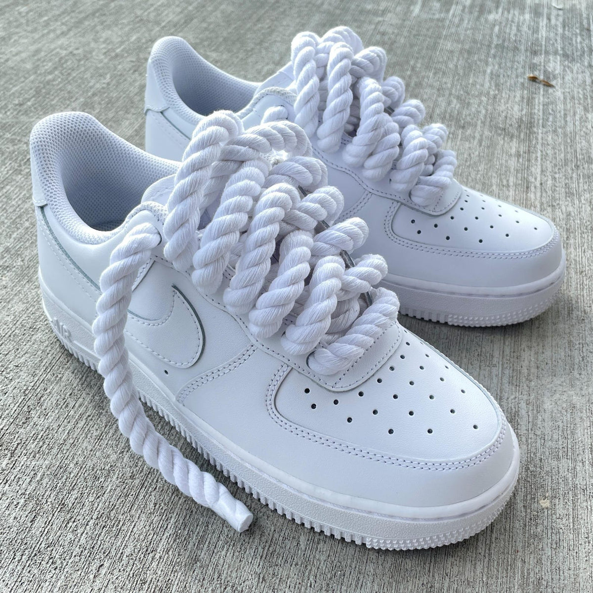 Custom Air Force 1 Sneakers: White with Chunky Rope Laces & Hangtag