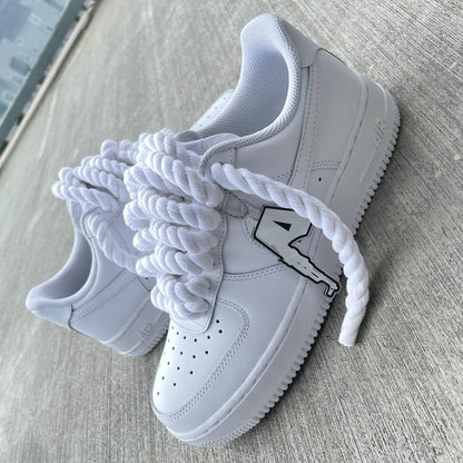 Custom Air Force 1 Sneakers: White with Chunky Rope Laces & Hangtag