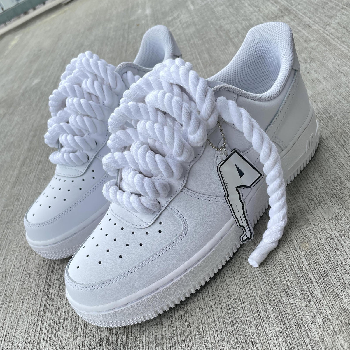 Custom Air Force 1 Sneakers: White with Chunky Rope Laces & Hangtag