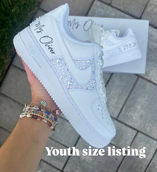 Youth Wedding Sneakers: Personalized white irridescent Rhinestone and white Pearl Air Force 1