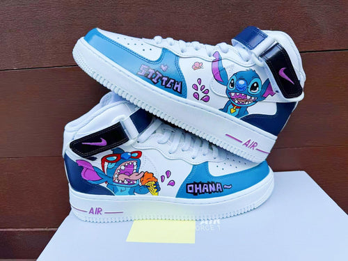 Hand Painted Stitch Air Force 1 Mid Sneakers: Custom Anime Shoes AF1 white personalized gift design wedding fashion trainers