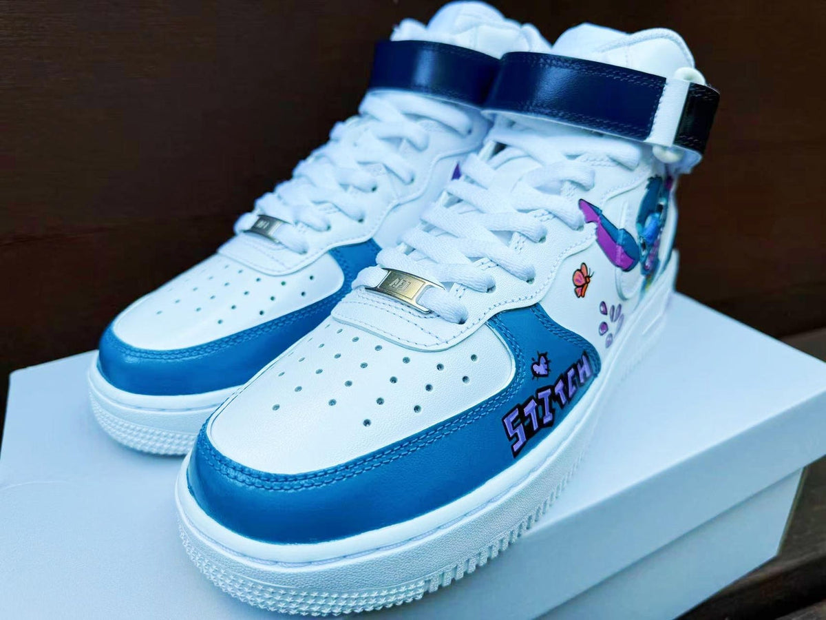 Hand Painted Stitch Air Force 1 Mid Sneakers: Custom Anime Shoes AF1 white personalized gift design wedding fashion trainers