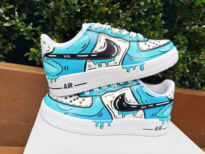 Custom Hand-Painted Air Force 1 Sneakers: 2D Comic Blue Tear AF1 white personalized gift design wedding fashion trainers drip anime shoes