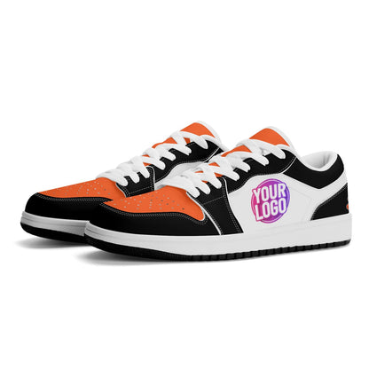 Custom Logo Sneakers | Personalized Low-Top Shoes in Orange & Black | Business Branding and Sports Fan Gift