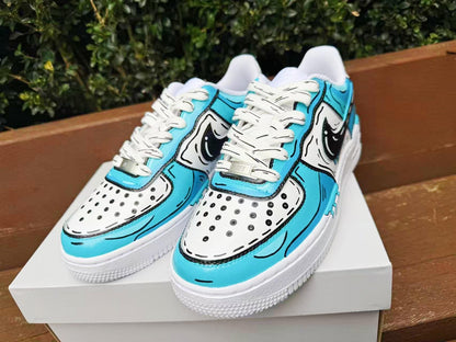 Custom Hand-Painted Air Force 1 Sneakers: 2D Comic Blue Tear AF1 white personalized gift design wedding fashion trainers drip anime shoes