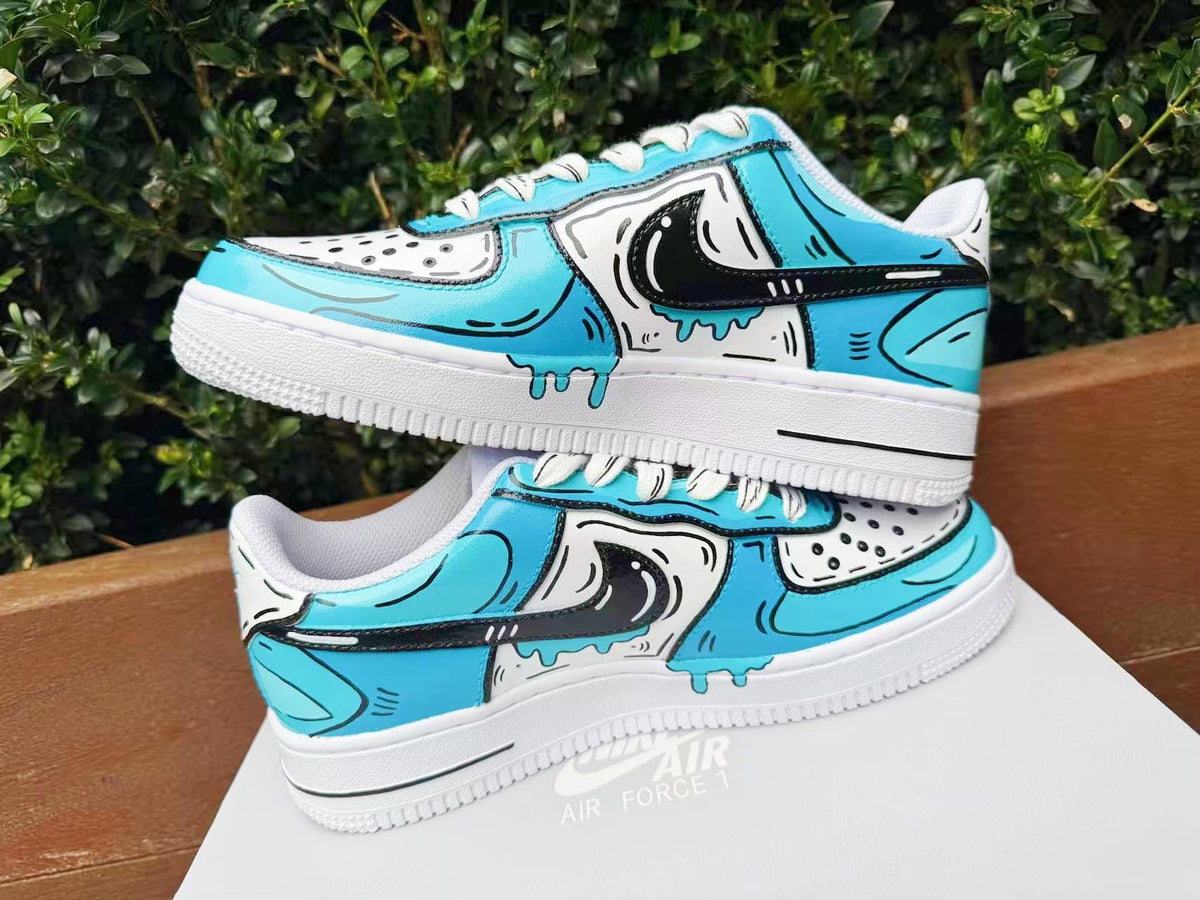 Custom Hand-Painted Air Force 1 Sneakers: 2D Comic Blue Tear AF1 white personalized gift design wedding fashion trainers drip anime shoes