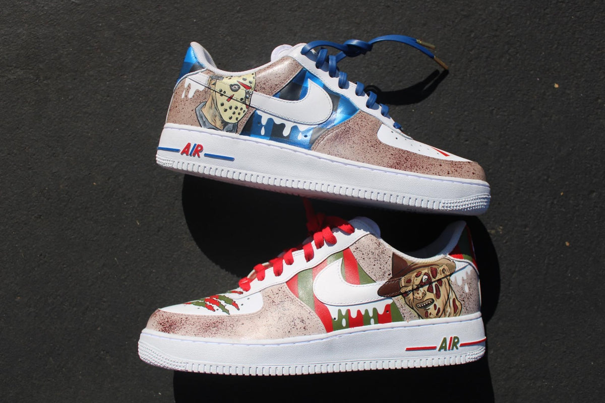 Custom Air Force 1 Horror Mask Sneakers | Hand Painted Slasher Style Shoes | Drip Effect AF1 | Halloween Streetwear Custom Kick
