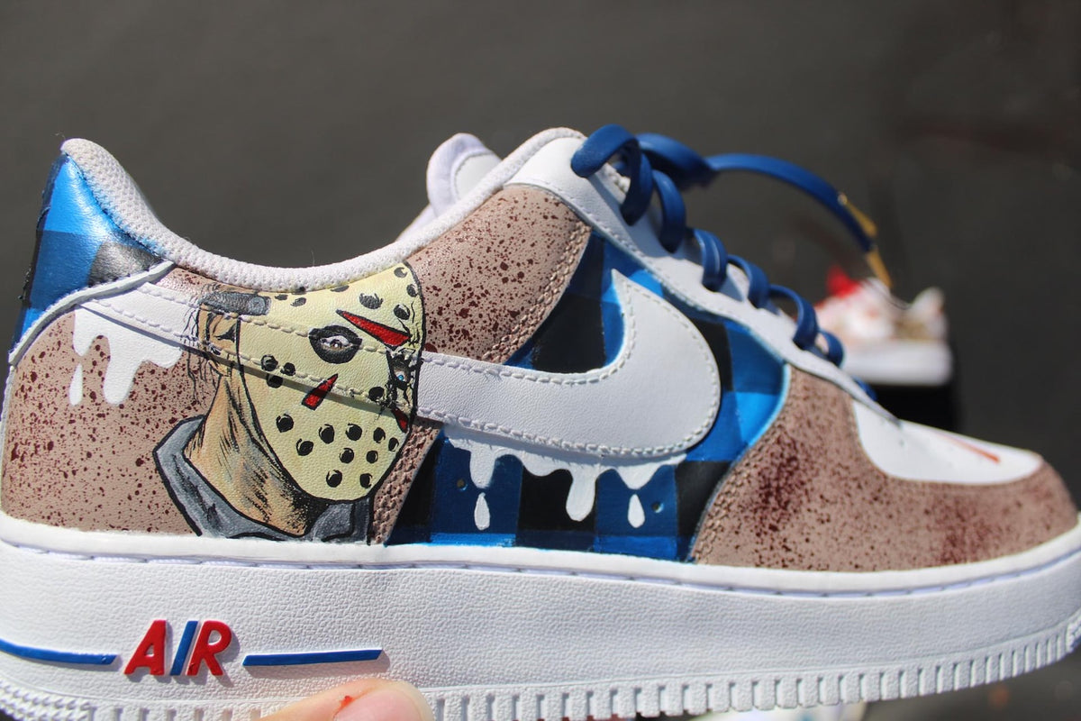 Custom Air Force 1 Horror Mask Sneakers | Hand Painted Slasher Style Shoes | Drip Effect AF1 | Halloween Streetwear Custom Kick