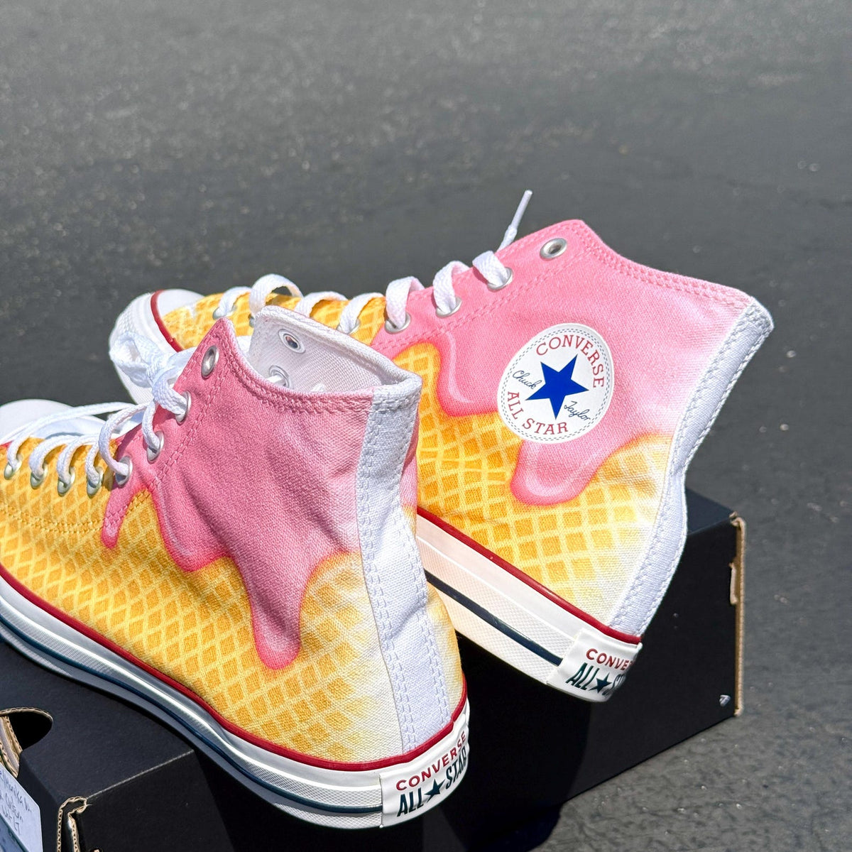 Waffle Cone Ice Cream Drip White Converse High Top Shoes - Women's and Mens Custom Converse Chuck Taylor Sneakers