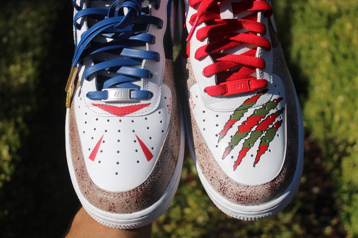 Custom Air Force 1 Horror Mask Sneakers | Hand Painted Slasher Style Shoes | Drip Effect AF1 | Halloween Streetwear Custom Kick
