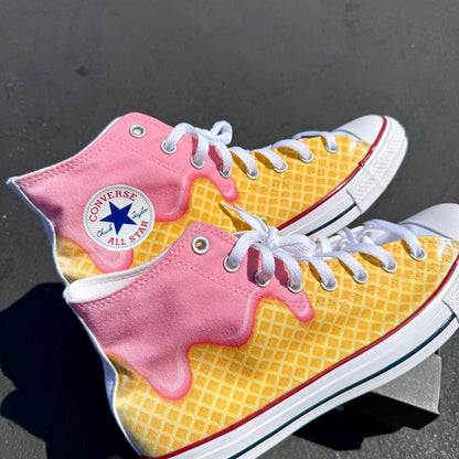Waffle Cone Ice Cream Drip White Converse High Top Shoes - Women's and Mens Custom Converse Chuck Taylor Sneakers