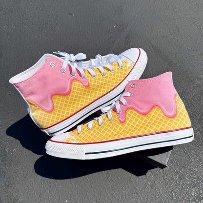 Waffle Cone Ice Cream Drip White Converse High Top Shoes - Women's and Mens Custom Converse Chuck Taylor Sneakers