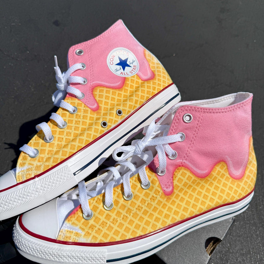 Waffle Cone Ice Cream Drip White Converse High Top Shoes - Women's and Mens Custom Converse Chuck Taylor Sneakers