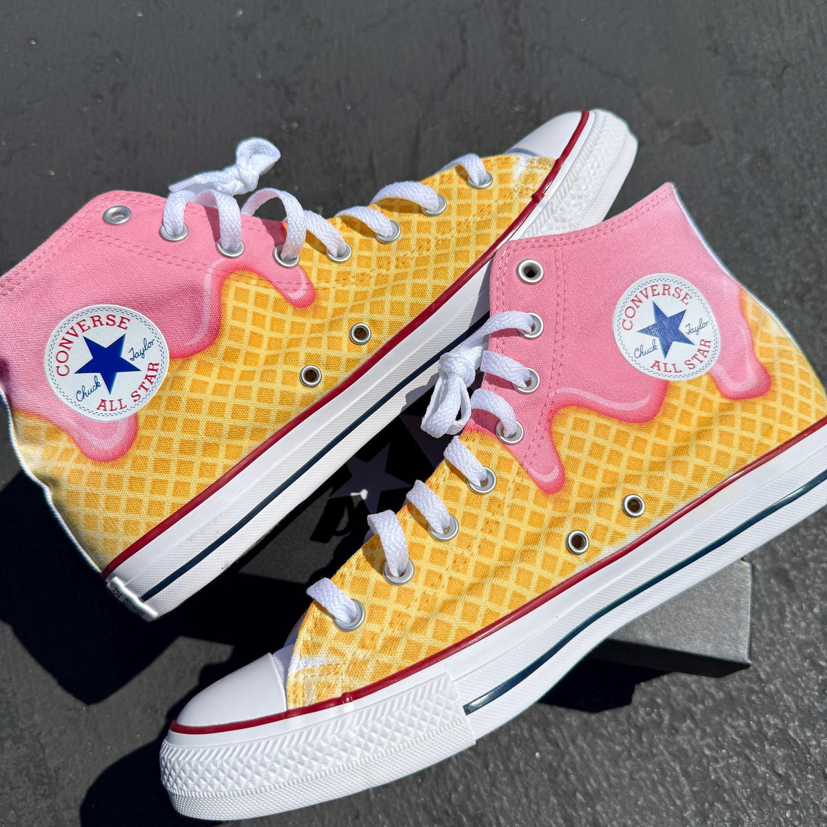 Waffle Cone Ice Cream Drip White Converse High Top Shoes - Women's and Mens Custom Converse Chuck Taylor Sneakers