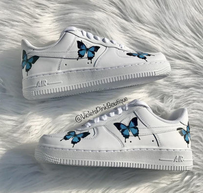 Custom Nike Air Force One Blue Butterflies Women's Custom Butterfly Sneakers- Gift Ideas
