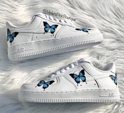 Custom Nike Air Force One Blue Butterflies Women's Custom Butterfly Sneakers- Gift Ideas